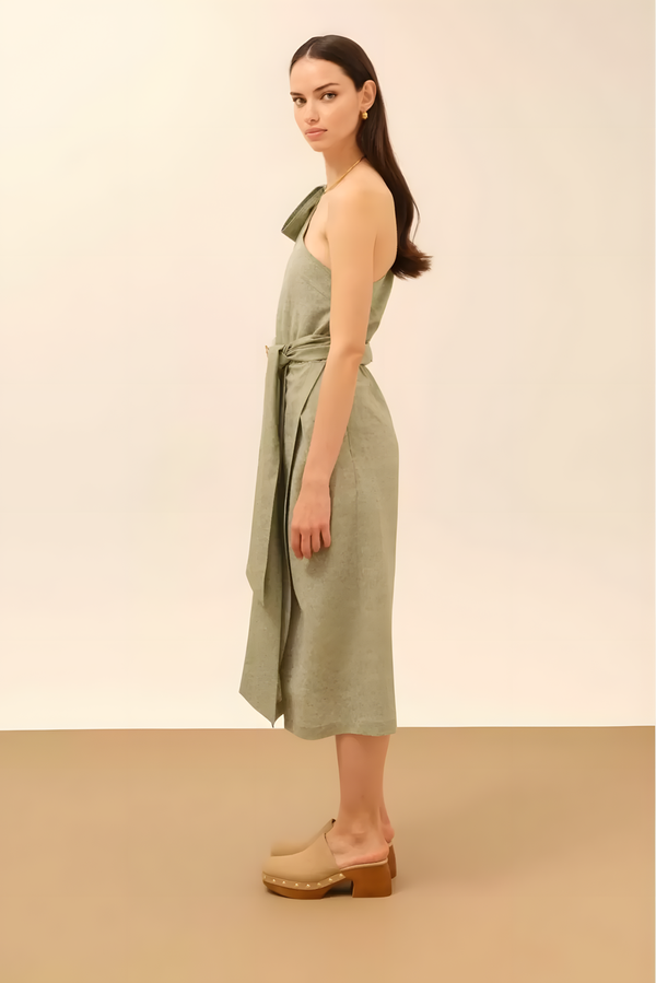 One Sleeve Belted Green Linen Dress - Image 2