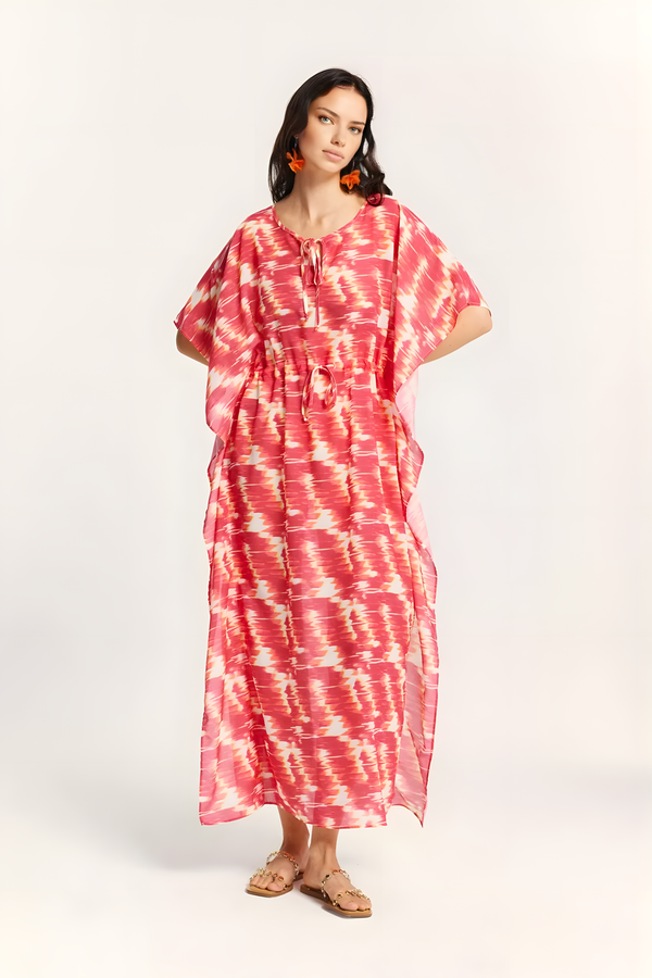 Fuchsia Patterned Beach Dress with Tie Detail