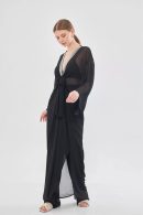 Black Chiffon Pareo Suit with Embroidered Collar