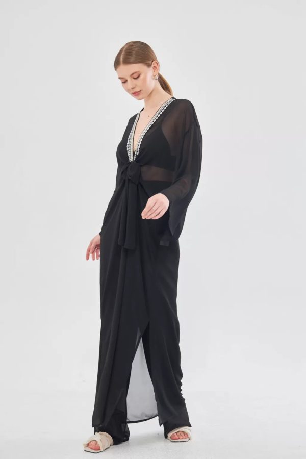 Black Chiffon Pareo Suit with Embroidered Collar - Image 2