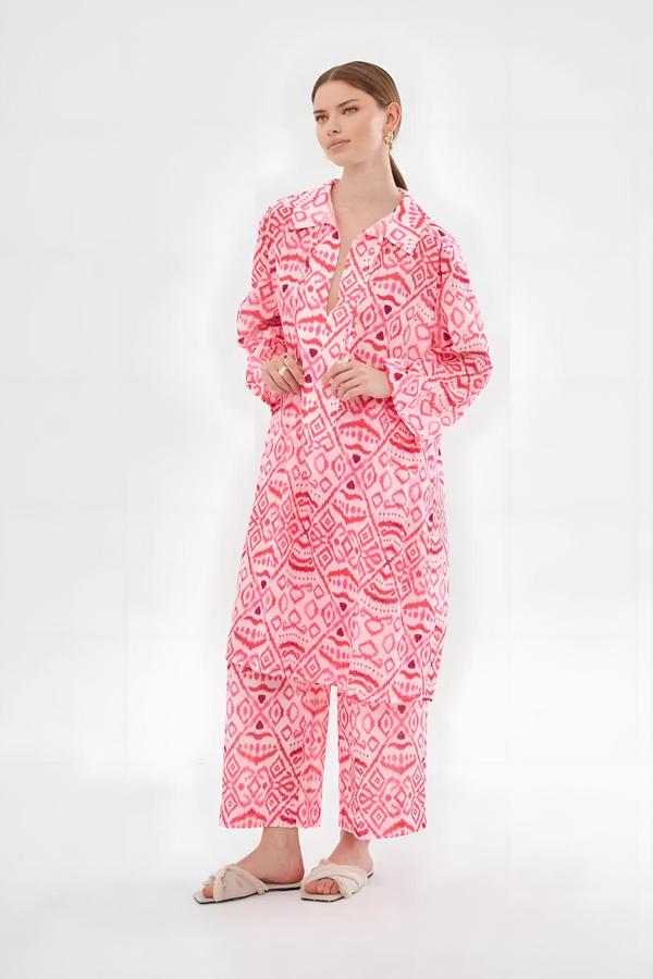 Pink Patterned Tunic Pants Set with Drawstring Collar - Image 3