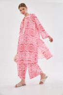 Pink Patterned Tunic Pants Set with Drawstring Collar