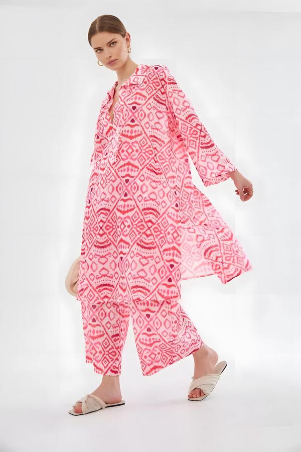 Pink Patterned Tunic Pants Set with Drawstring Collar - Image 4