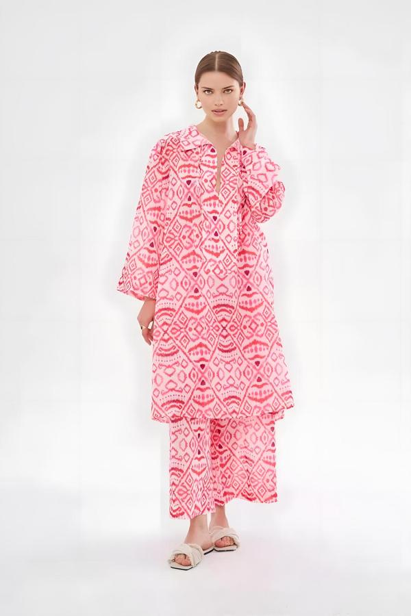 Pink Patterned Tunic Pants Set with Drawstring Collar - Image 2