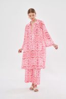 Pink Patterned Tunic Pants Set with Drawstring Collar