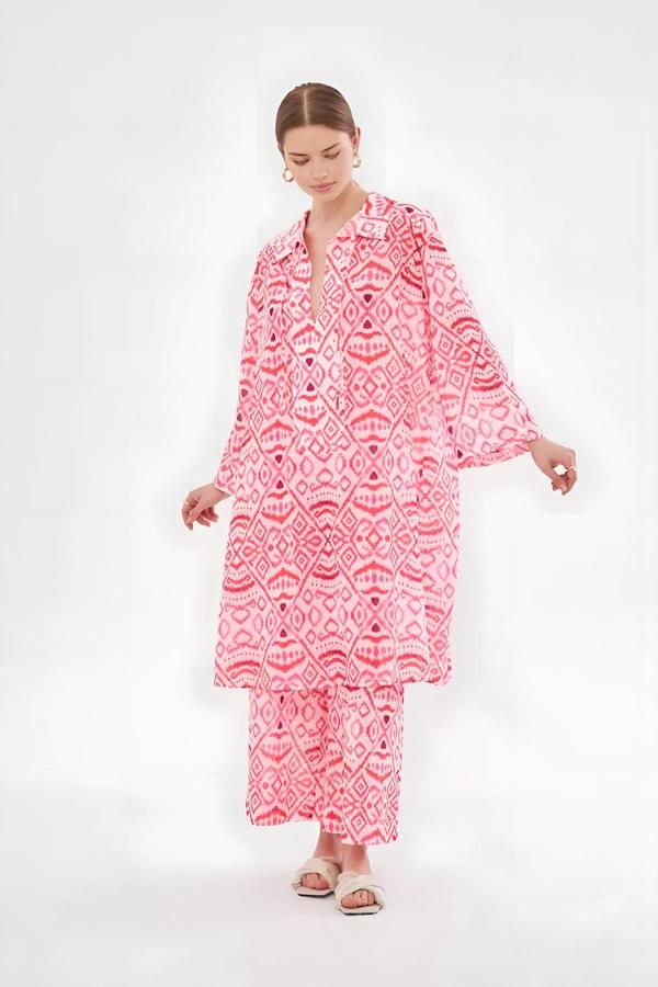 Pink Patterned Tunic Pants Set with Drawstring Collar