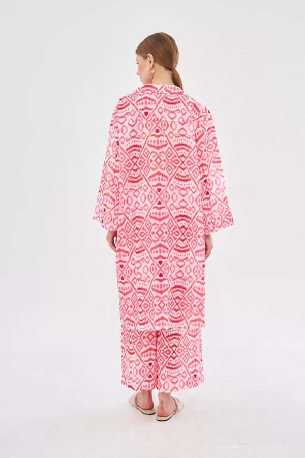 Pink Patterned Tunic Pants Set with Drawstring Collar - Image 6