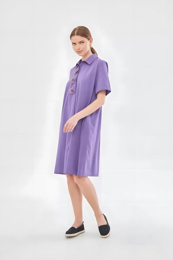 Purple Dress with Floral Collar Detail - Image 2