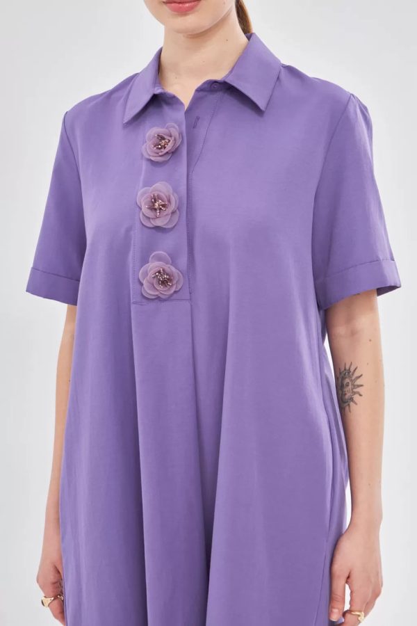 Purple Dress with Floral Collar Detail - Image 5