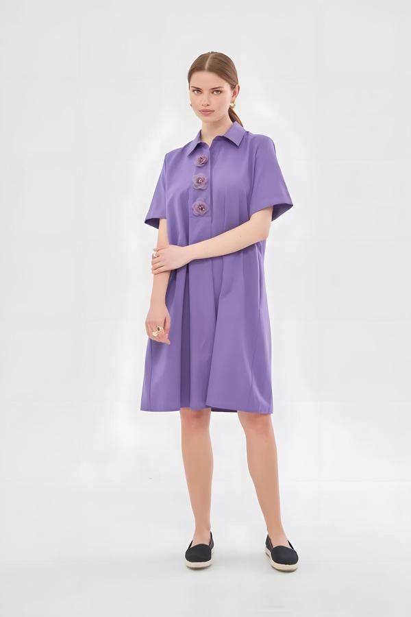 Purple Dress with Floral Collar Detail - Image 3