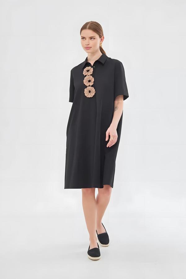 Black Dress with Floral Collar Detail - Image 2