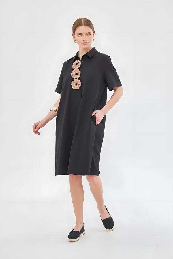 Black Dress with Floral Collar Detail - Image 4