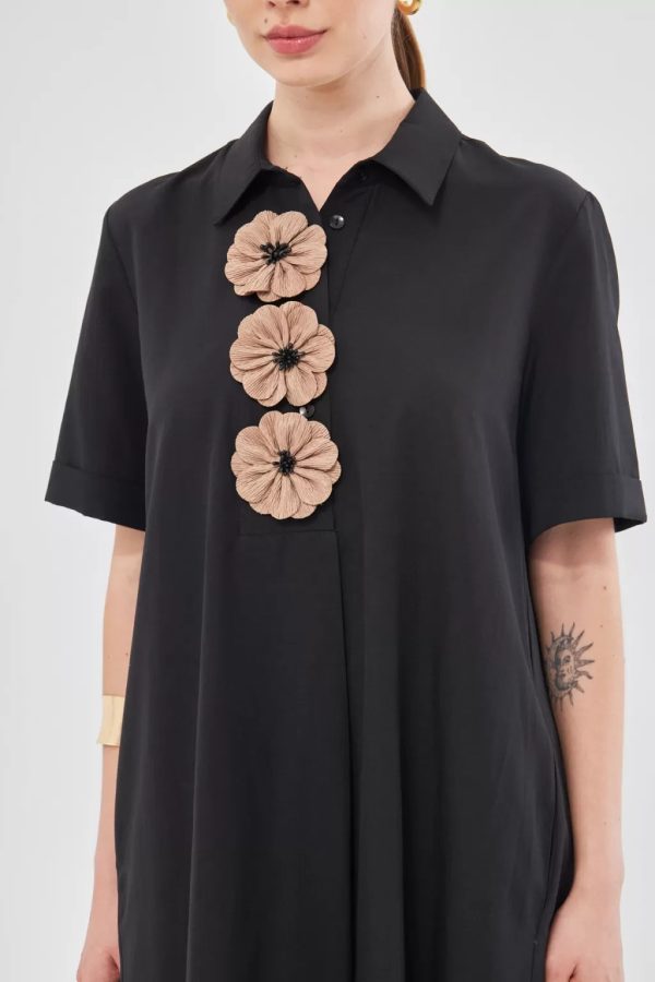 Black Dress with Floral Collar Detail - Image 5