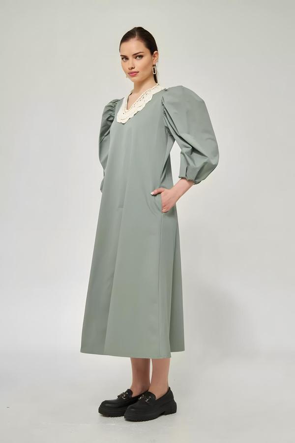 Green Dress with Collar Stone Accessories - Image 2