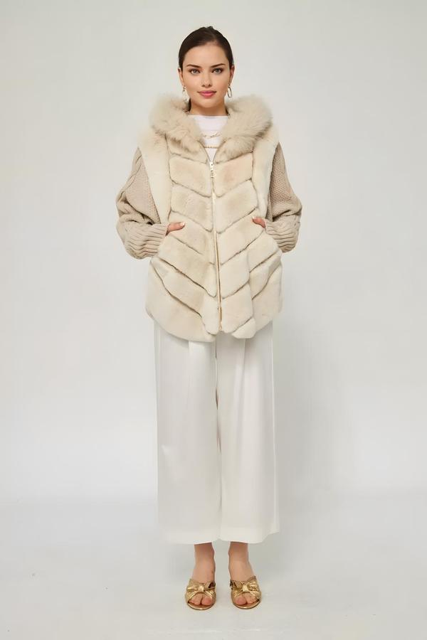 Beige Rex Fur Women’s Coat with Tricot Sleeves