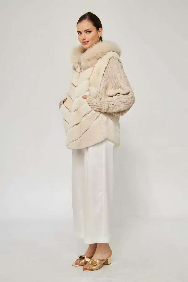 Beige Rex Fur Women’s Coat with Tricot Sleeves - Image 3