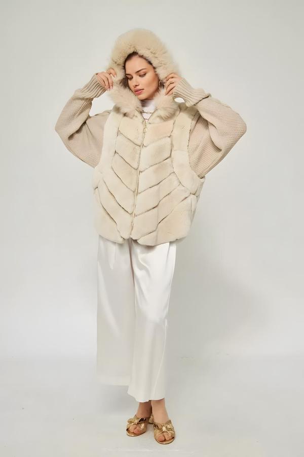 Beige Rex Fur Women’s Coat with Tricot Sleeves - Image 2