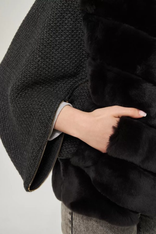 Bat Sleeve Anthracite Rex Fur Coat - Image 4