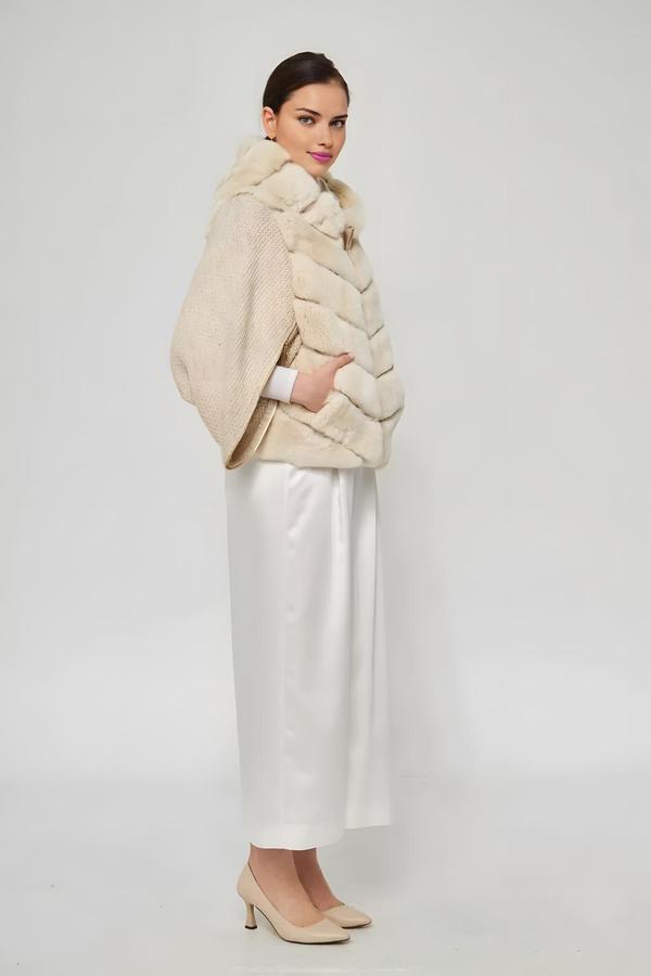 Bat Sleeve Beige Rex Fur Coat - Image 2