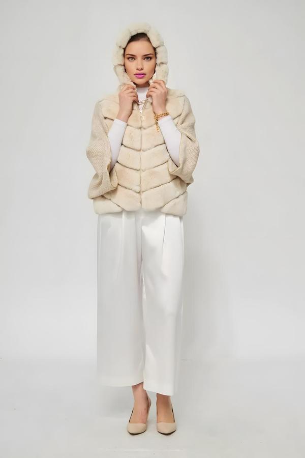 Bat Sleeve Beige Rex Fur Coat