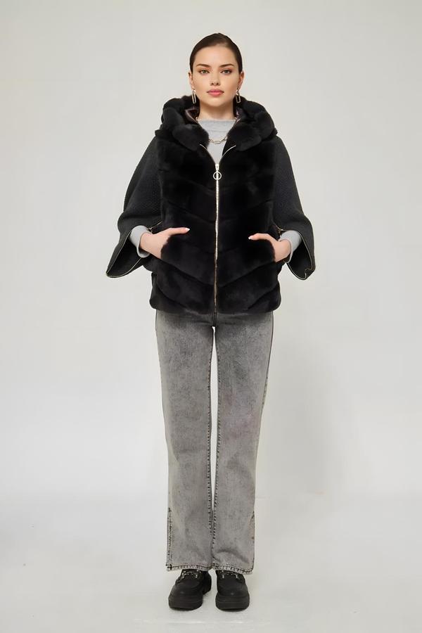 Bat Sleeve Anthracite Rex Fur Coat