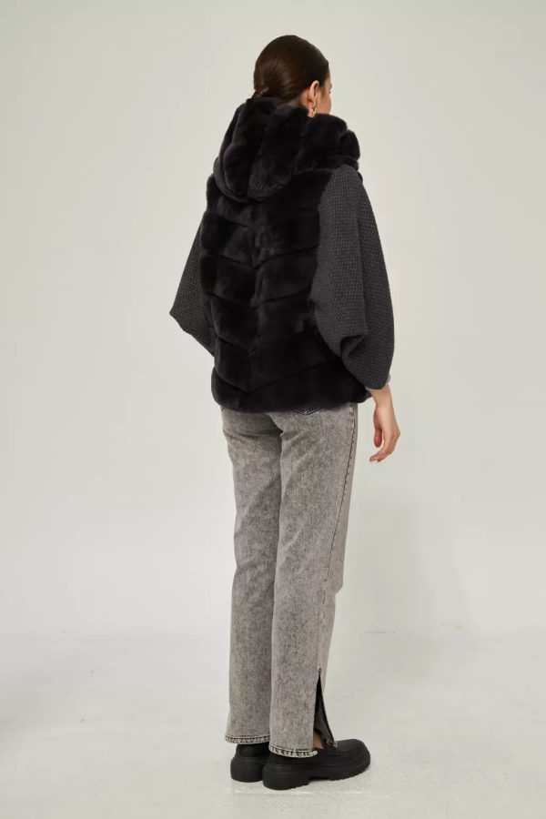 Bat Sleeve Anthracite Rex Fur Coat - Image 5